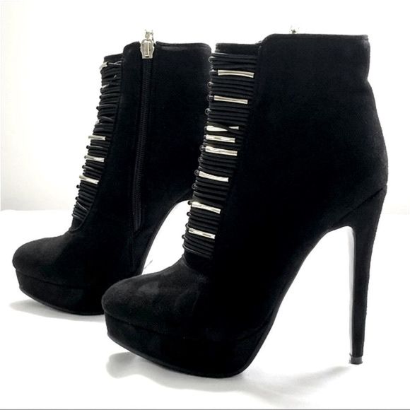 Bebe Black Suede Booties with Front Gold Accents - Picture 2 of 6